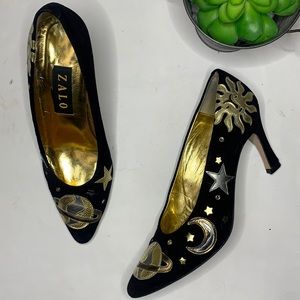 ZALO 80s Black Suede Gold Moon Sun Star Suede Heels SZ 8.5
